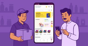 Small retailer browsing wholesale deals on Saddar App to compete with big chains.