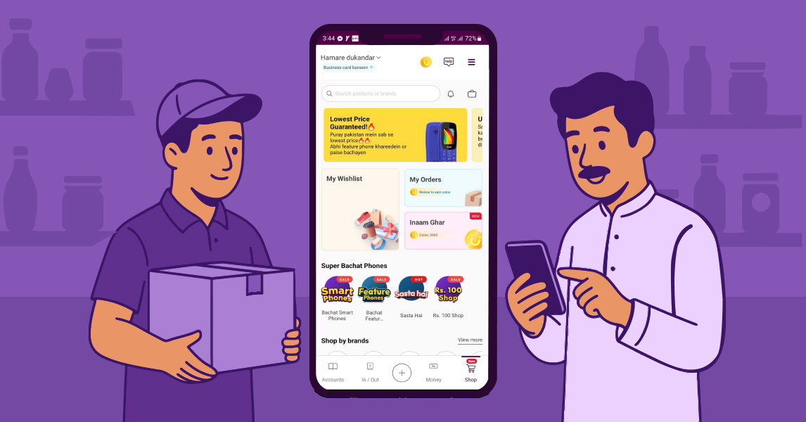 Small retailer browsing wholesale deals on Saddar App to compete with big chains.